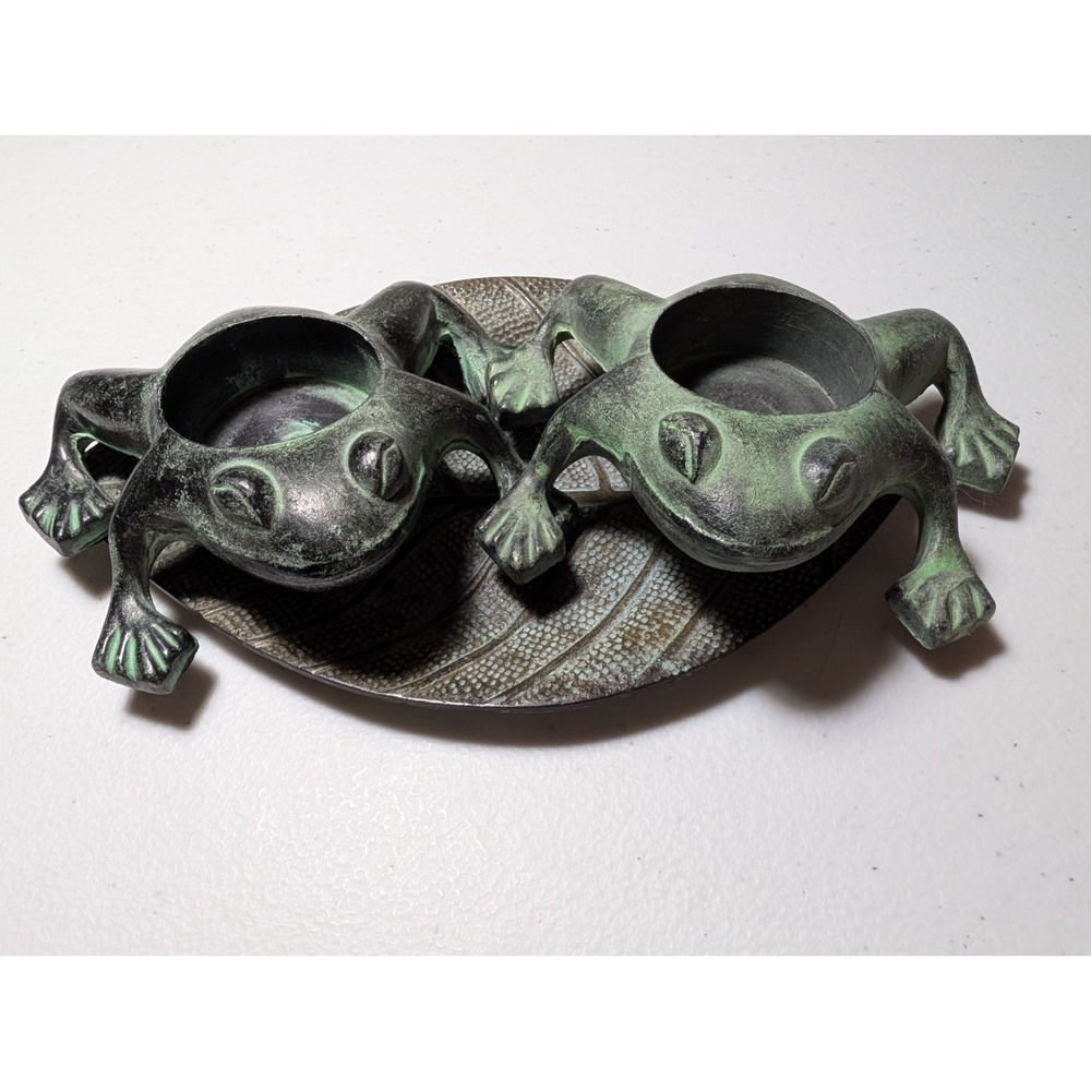 Vintage Two Frogs on Leaf Candle Holder Heavy Cast Metal Verdigris